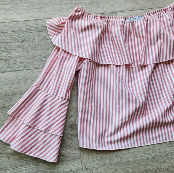 Hyfve Pink Striped Shirt Womens Medium Layered Bell Sleeve Off The Shoulder Top - Picture 4 of 9
